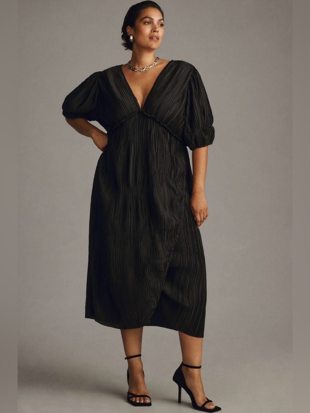 Anthropologie Black Pleated V-Neck Midi Dress 1X